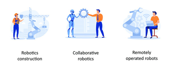 Robotics construction, Collaborative Robotics, Remotely Operated Robots. Machine work abstract concept vector illustration set.