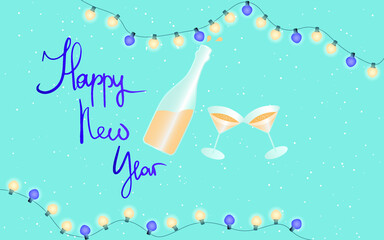 Happy new year design.Lettering  illustration. Lights, garland and two glasses champagne.Greeting card
