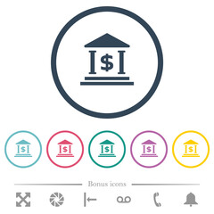 Dollar bank office flat color icons in round outlines