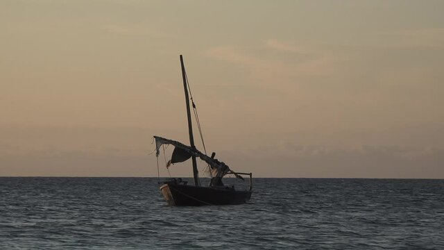 Boats of African fishermen in the Indian Ocean. Lot of African traditional wooden boats anchored on shallow water by the beach at low tide, Zanzibar.