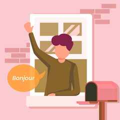 Man speaking Hello, bonjour in French, in hello world day. International friendship & communication set. Flat vector illustration © klikline