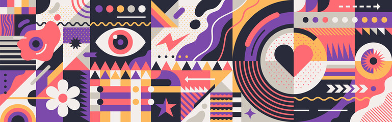 Colorful psychedelic pattern design in abstract geometric style. Vector illustration. - obrazy, fototapety, plakaty