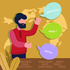 Man speaking in different languages. Hola, aloha and merhaba. hello world day.  Bilingual concept. vector colorful illustration