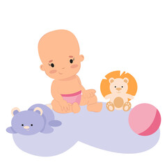 little girl sits on the floor with toys baby in diapers newborn child playing happy childhood 