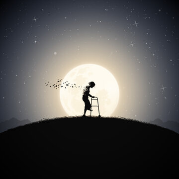 Old woman with walker. Death and afterlife. Full moon silhouette