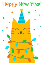 Funny cat with christmas light. Happy new year greeting card. Cute tiger cat in party hat and light bulbs. New Year's pet entangled in garlands. Hand-drawn vector illustration in flat cartoon style.