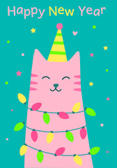 Character funny cat with christmas light. Happy new year greeting card. Cute cat in party hat and light bulbs. New Year's pet entangled in garlands. Modern hand-drawn vector illustration in flat style
