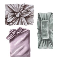 Watercolor set of gift boxes. boxes in packing paper with a bow. Wrapping paper