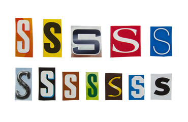 Alphabet letter S cutting from magazine paper. Newspaper clippings with letter S isolated on white background. Anonymous text concept.