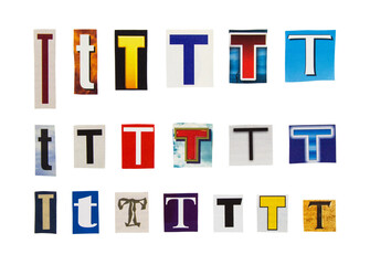 Alphabet letter T cutting from magazine paper. Newspaper clippings with letter T isolated on white background. Anonymous text concept.