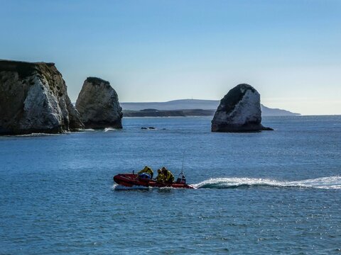 D Class inshore lifeboat the workhorse of the RNLI for over 50 years in Freshwater Bay Isle of Wight Hampshire England