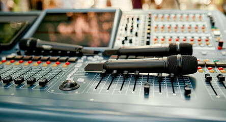 Microphones are on the sound console on the street before a live performance