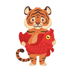 illustration of a cute tiger holding goldfish