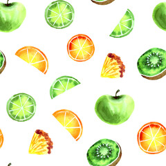 Fruits seamless pattern with orange lime pineapple apple and kiwi on white background.