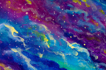 Naklejka na ściany i meble Cosmic blue purple clouds in universe abstract background painting illustration