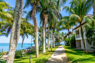 Obraz na płótnie Canvas Tropical resort hotel beach paradise. Summer vacation on the sea coast. Splendid panoramic view of beautiful beach. Luxury holiday in Mauritius island. Blue sky palm trees. High quality photo