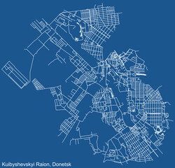 Detailed technical drawing navigation urban street roads map on blue background of the quarter Kuibyshevskyi District of the Ukrainian regional capital city of Donetsk, Ukraine