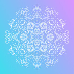Round gorgeous mandala on dreamy gradient background. Vector hipster design in magic colors. Yoga style template.
