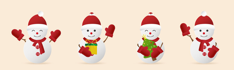 Collection of Cute snowman characters with different emotions isolated on beige background.  Merry christmas and happy new year. Vector illustration