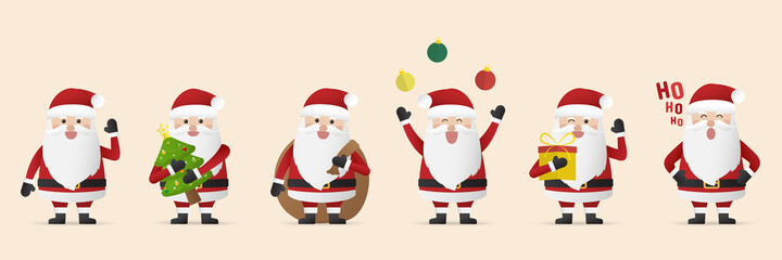 Collection of Santa claus characters with different emotions isolated on beige background.  Merry christmas and happy new year. Vector illustration