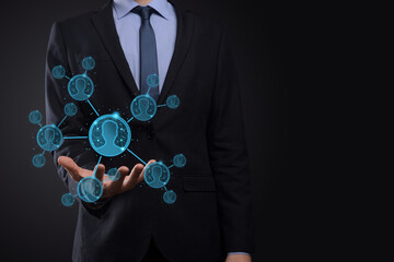 Businessman holding on hand icon of user man,woman low poly polygon style. Internet icons interface...