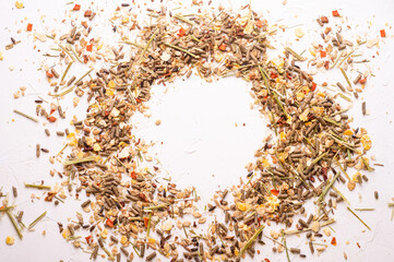 professional  muesli and granules for senior horses  background.  close up. feeding and horse care concept.