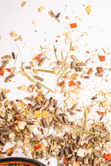 background of professional  muesli and granules for senior horses  .  close up. feeding and horse care concept.