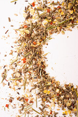 special muesli and granules for senior horses  served in bowl.  close up. feeding and horse care...