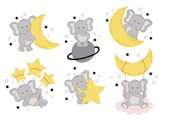 set of isolated sleeping elephants with moon and stars