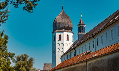 Fototapeta na wymiar Beautiful church at the famous Fraueninsel, Chiemsee, Bavaria, Germany