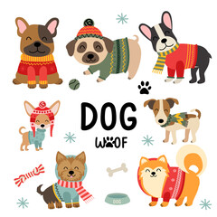set of isolated cute funny cartoon dogs in winter