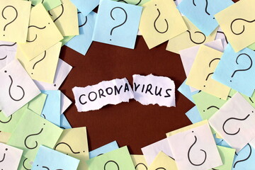 Sheets with a question mark are thrown around and in the middle there is paper with the inscription coronavirus.
