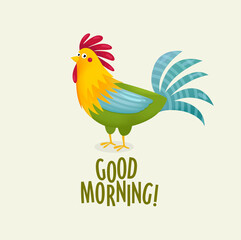 Print. Vector illustration of a rooster saying good morning. farm. bird. cartoon rooster.
