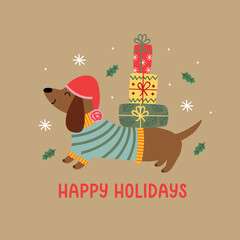 Greeting card with  funny dachshund and gifts