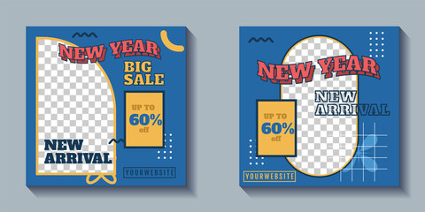 Social media promotion template. New year sale 80s retro post template. Memphis social media design. 
