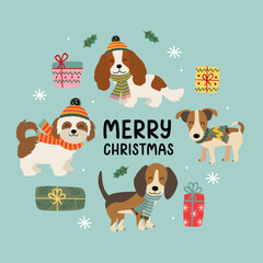 Christmas card with cute funny dogs and gifts