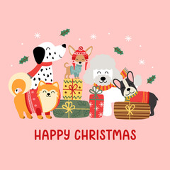 Naklejka premium Christmas card with funny dogs and gifts