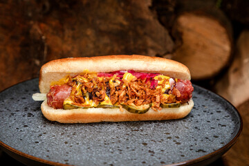 fast food hot dog with homemade sausage, deep-fried onions and pickled cucumbers