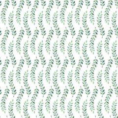 Watercolor seamless simple botanical pattern with green leaves on white background for prints, textile and packages.