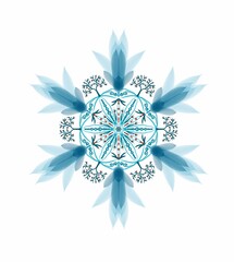 Decorative snowflake with blue trees.
