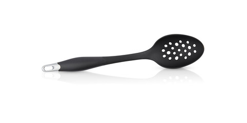 Black plastic kitchen skimmer isolated on white background with clipping path