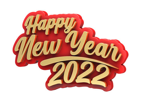 Happy New Year 2022 word in red and golden color isolated on white background. 3d illustration.	