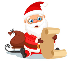 Santa Claus sits and reads a list of gifts with a bag, character. Merry christmas and new year