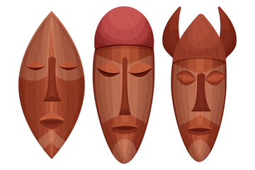 Set african tribal wooden mask, totem face, avatar in cartoon style isolated on white background. Detailed objects.