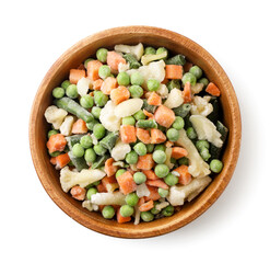 Mix of frozen vegetables in a plate on a white background, isolated. Top view