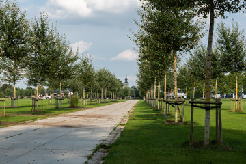 Werchter, Flemish Brabant Region, Belgium - 09 23 2021: Path and green meadows of the festival and...