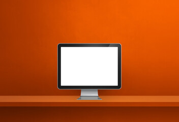 Computer pc on orange shelf banner