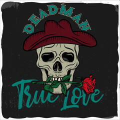 Skull with a hat and a rose, T-shirt design