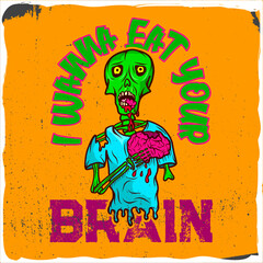 Zombie with the brain in hands, t-shirt design