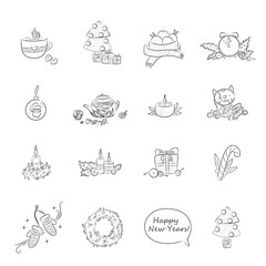 collection of objects christmas tangerines tree tea sticker prints sketch